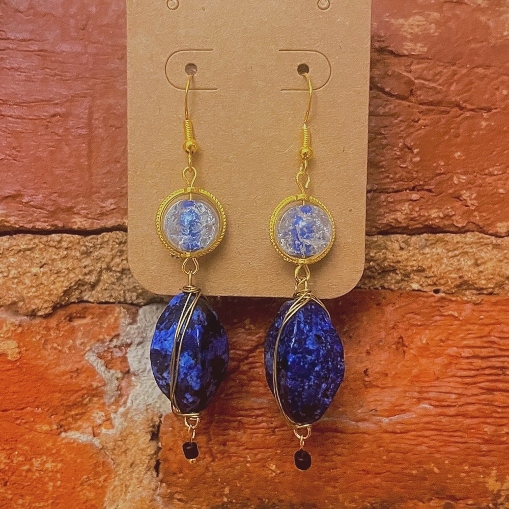 Blue and Gold Two-Tier Earrings with Gradient Beads